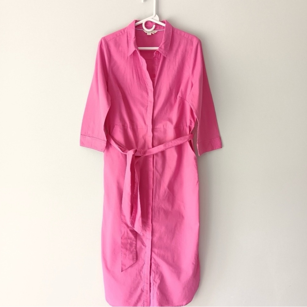 Boden Linen Cotton Midi Shirt Dress 3/4 Sleeve Button Front Pink Size 8L